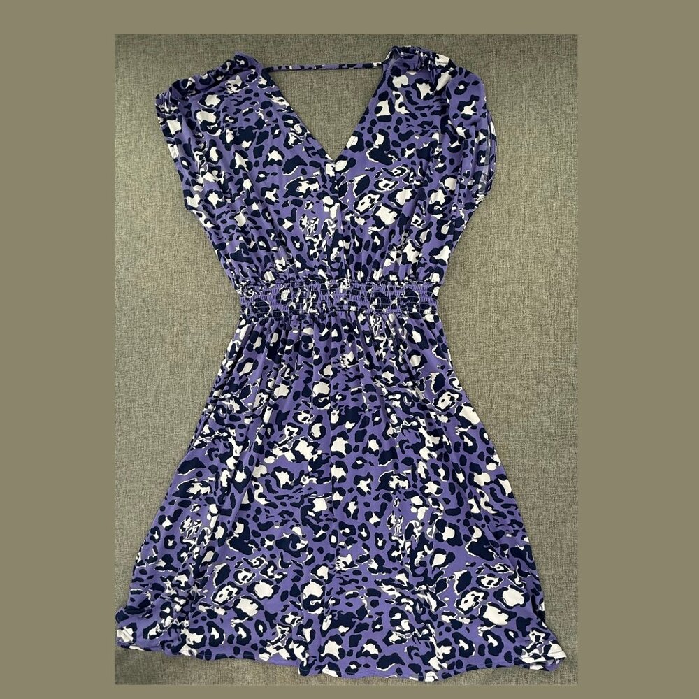 IMAN Dress Leopard V-Neck Short Sleeve Smocked Wait Large Purple‎ Stretchy